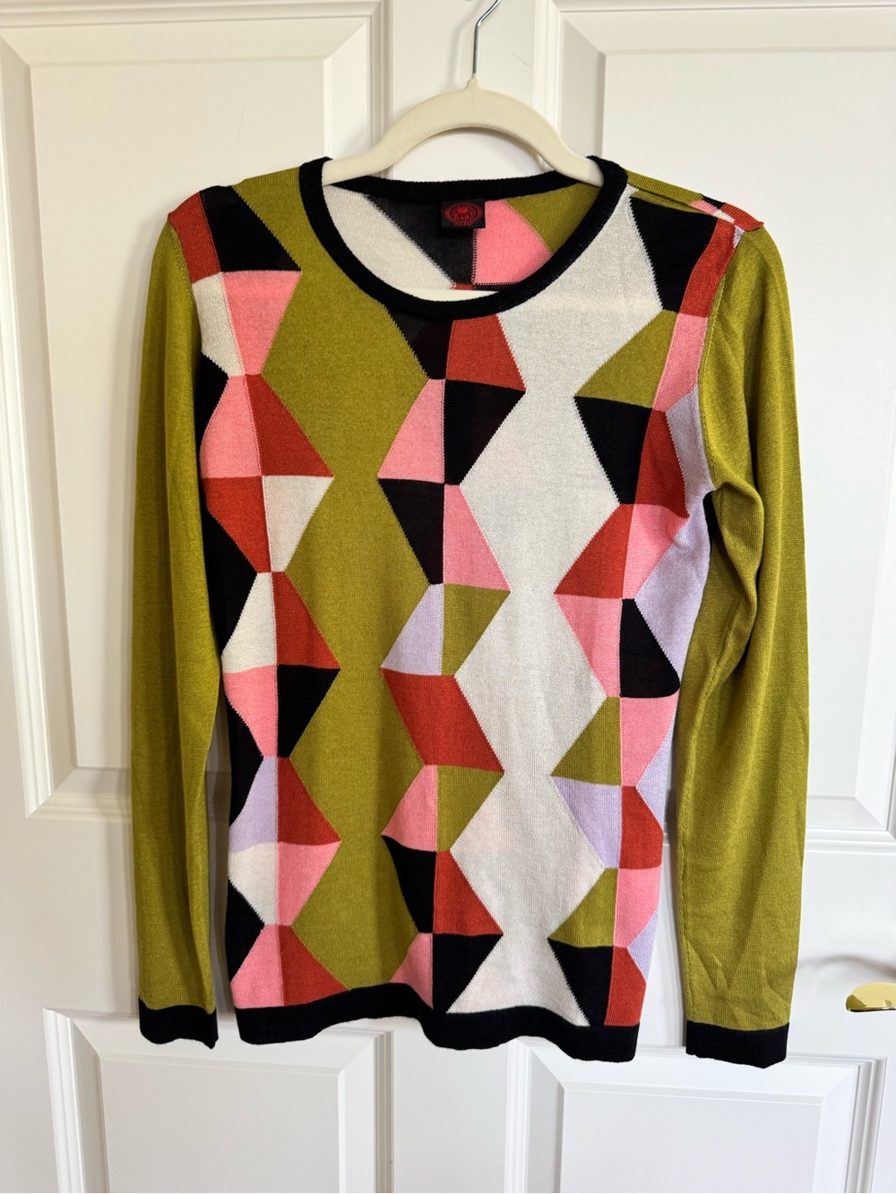 Happy Sheep Geometric Olive Green Crewneck Sweater with Multicolor Pattern